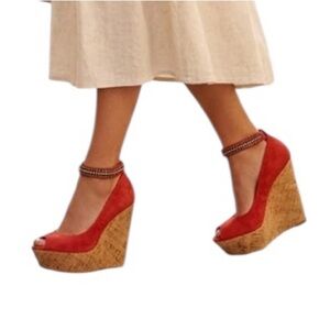Wild Pair Womens Red Peep Toe Platform Wedge Heels Ankle Strap Beaded Size 8M